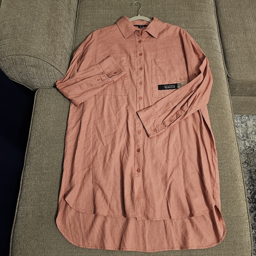 Zac & Rachel Linen Blend Pink Button-Up Relaxed Oversized Shirt Dress Small